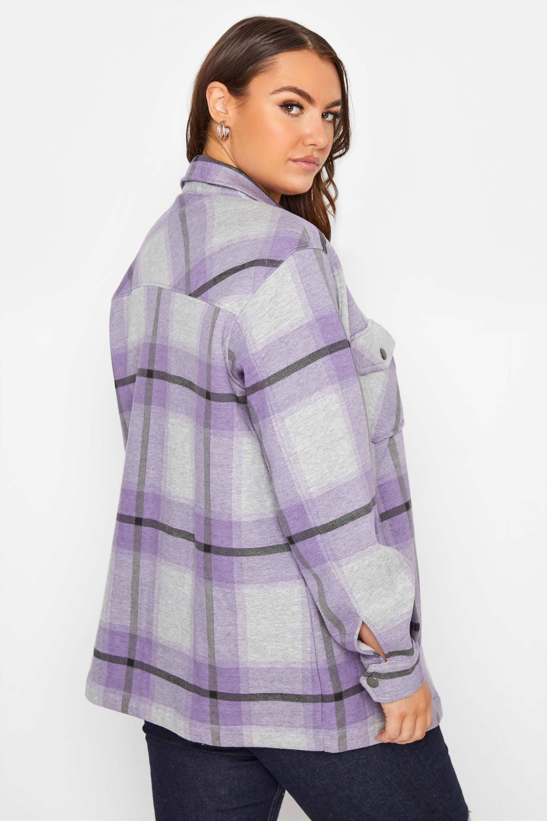 Grey Lilac Oversized check shacket For Her-2015 - FactoryX.pk