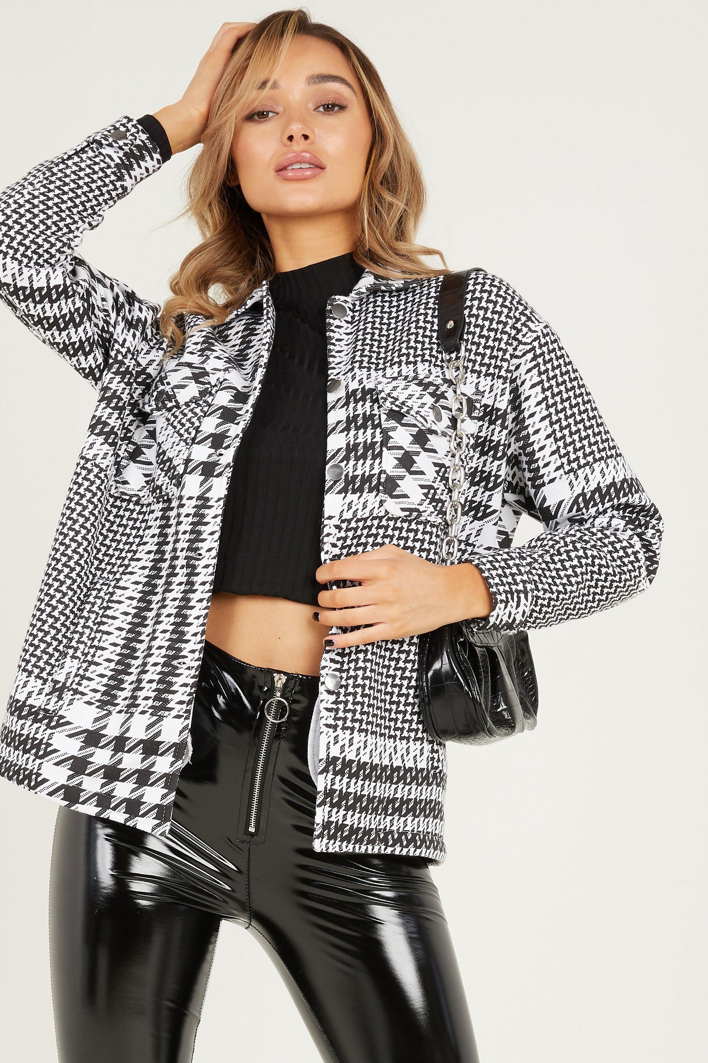 Blk & wht HoundTooth Shacket for Her.-LSHKT-0014-Black White