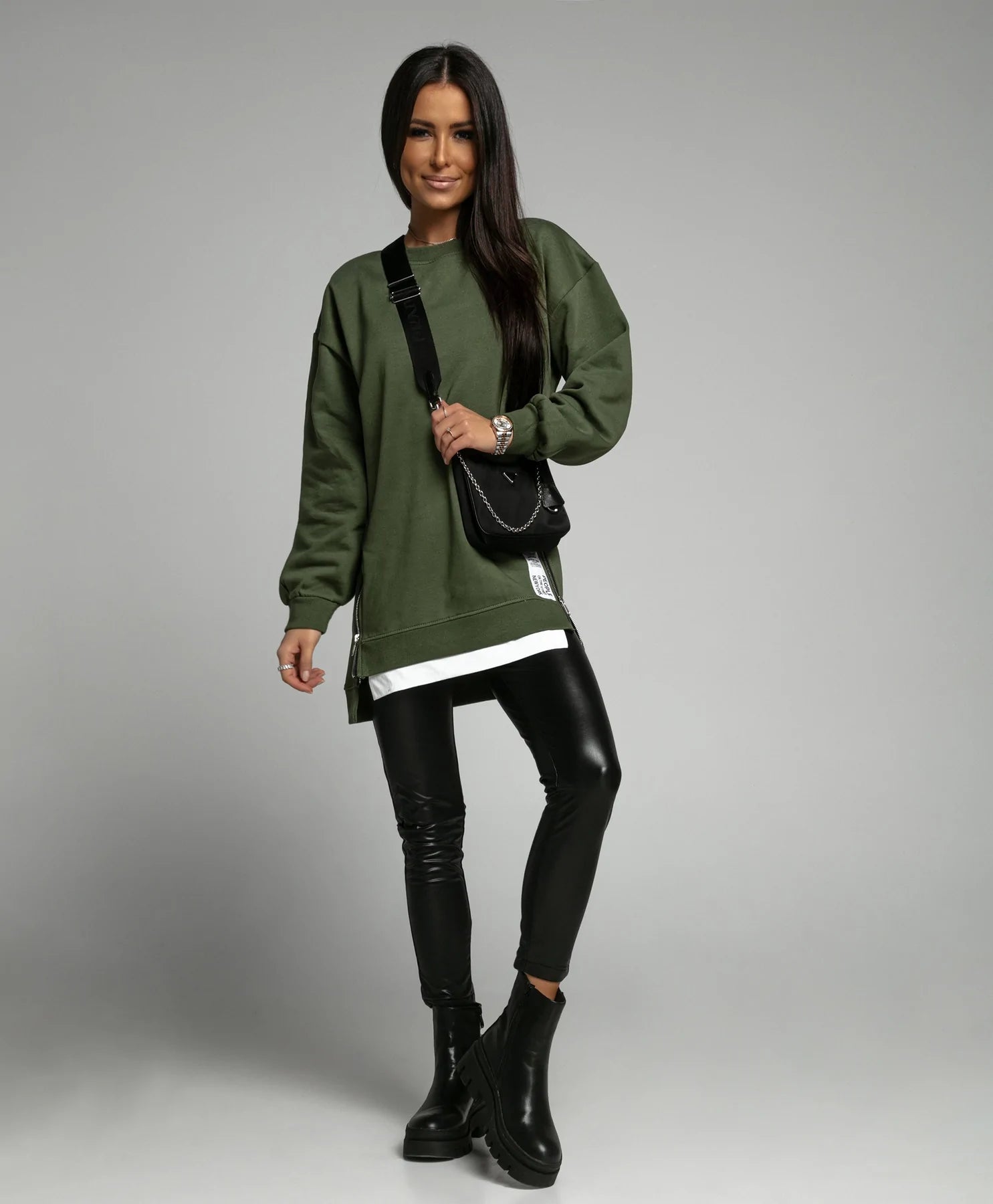 One size sweatshirt olive with side zip - FactoryX.pk