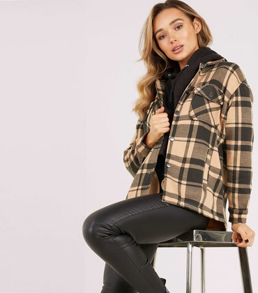 Camel & Blk Checked Shacket For Her-LSHKT-0017-Camel Brown - FactoryX.pk