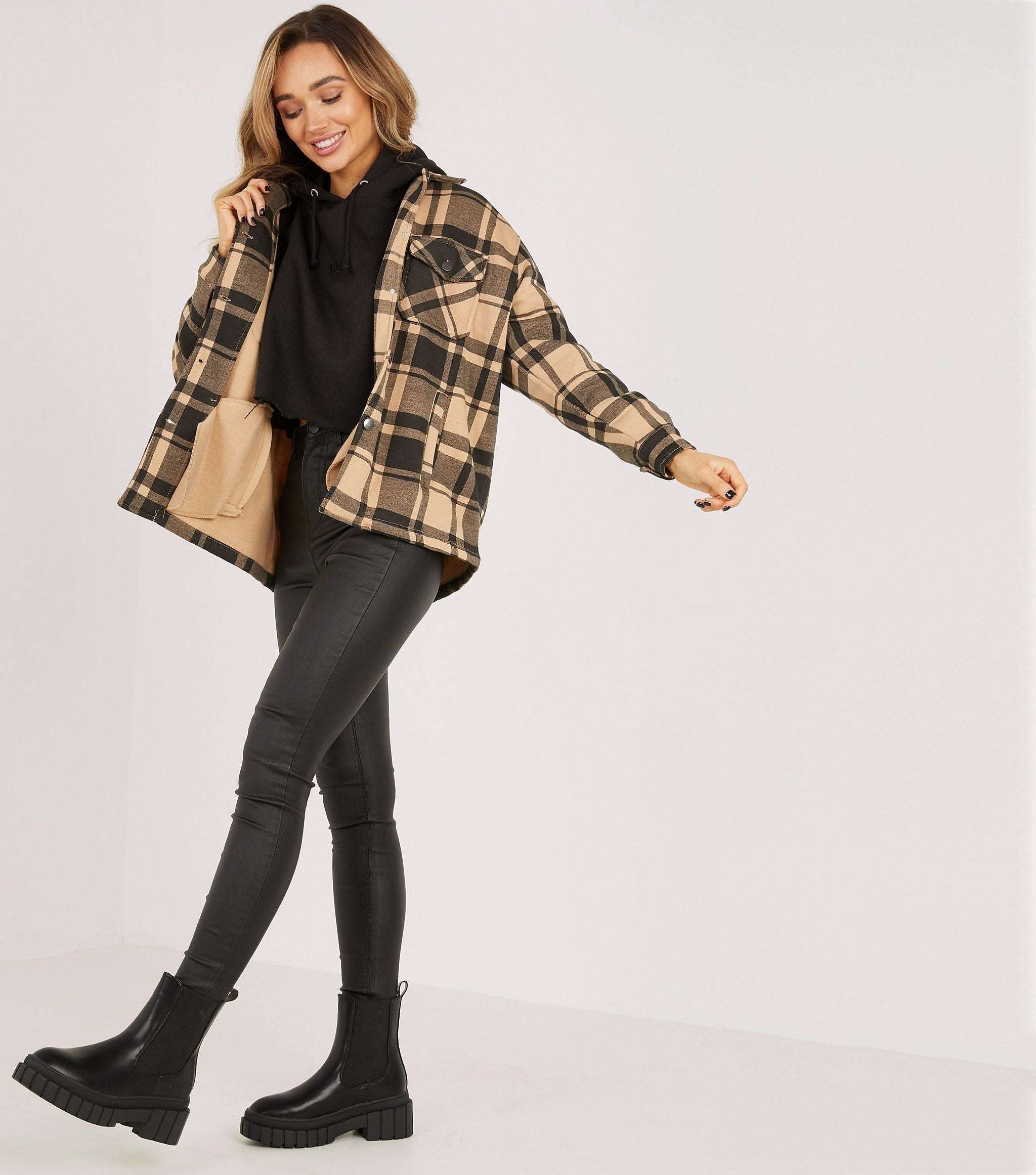 Camel & Blk Checked Shacket For Her-LSHKT-0017-Camel Brown - FactoryX.pk