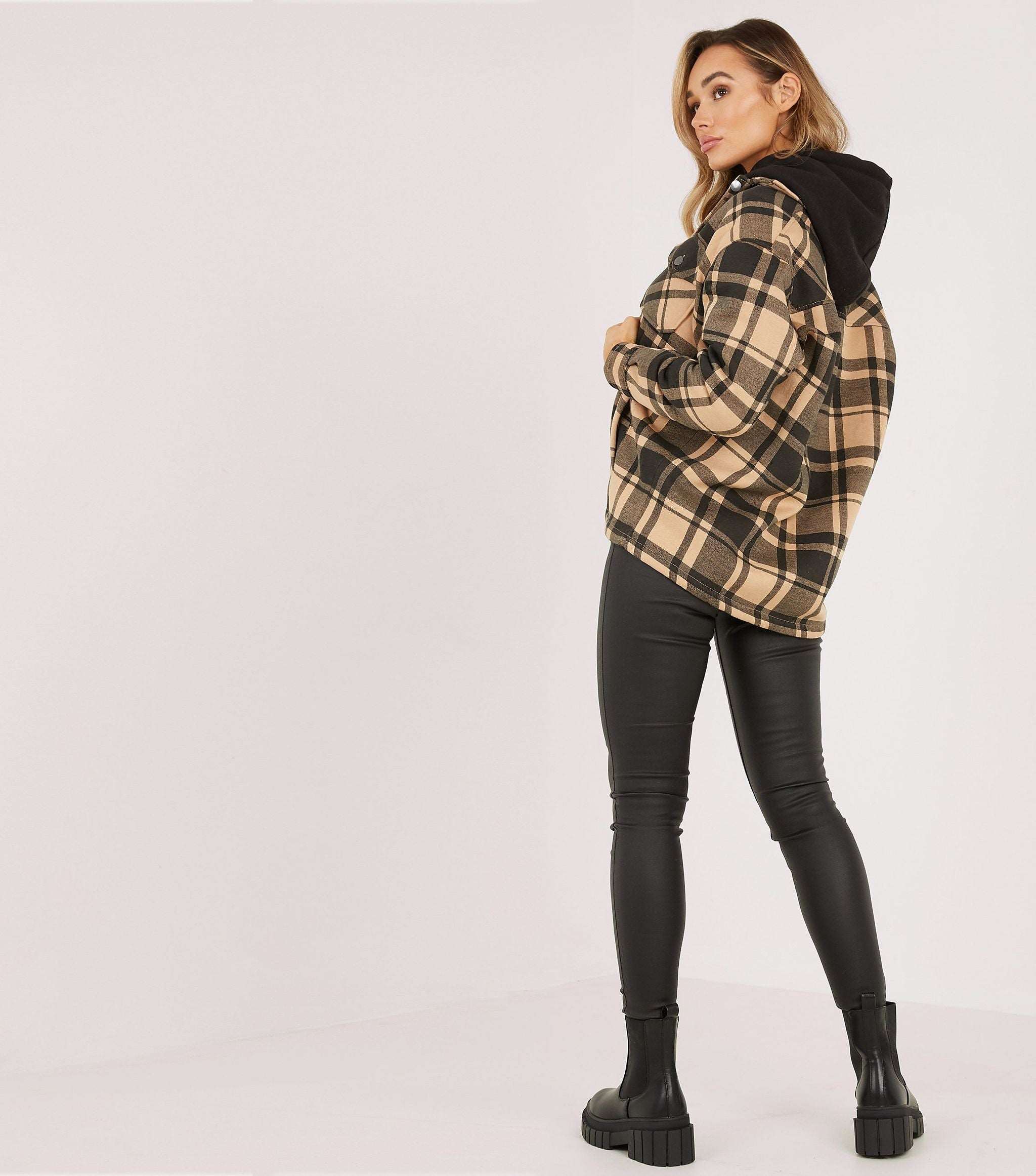 Camel & Blk Checked Shacket For Her-LSHKT-0017-Camel Brown - FactoryX.pk