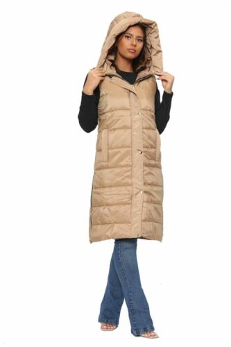 Gilet Sleevless Hooded Long Line Puffer Jacket Women-Fp741 LJKT-2040-Beige