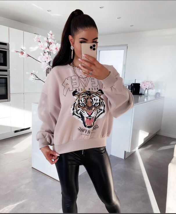 Ladypolitan Tiger print sweatshirt For Her-LSWS-2010 One Size Pink - FactoryX.pk